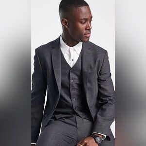 Noak three piece suit in gray birdseye textured wool blend with stretch